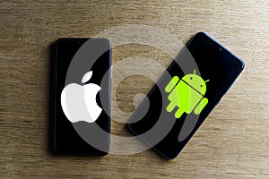 Apple and android smartphones. Iphone IOS versus Android operating system