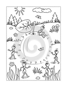 Apple and ants join the dots puzzle and coloring page