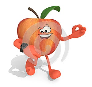 Apple with arms, legs, face cartoon and watch