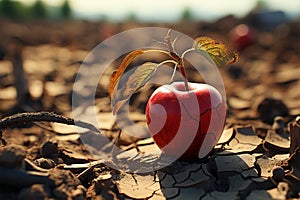 Apple atop dry, cracked soil symbolizes food insecurity, water shortage, and agricultural crisis