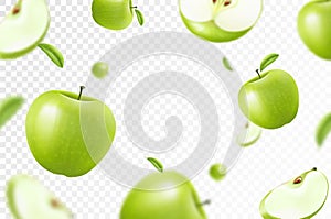 Apple background. Flying whole, half and slices of fresh apples. With blurry effect. Can be used for wallpaper, banner, poster,