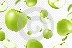 Apple background. Flying whole, half and slices of fresh apples. With blurry effect. Can be used for wallpaper, banner, poster,
