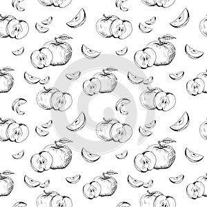 Apple background. Seamless pattern of hand-drawn black apples on white background. Sketch style vector backdrop