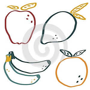Apple, banana, lemon and orange fruit modern flat vector illustration, simple and minimalistic set of citrus and tropic and garden