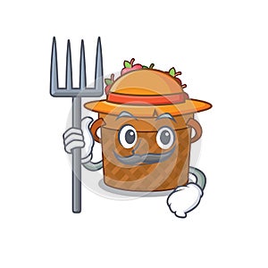 Apple Basket in Farmer cartoon character with hat and pitchfork