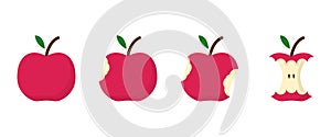 Apple Bite Stage Concept. Set of Red Apples with Leaf on White Background. Step of Eating Apple from Whole to Half and