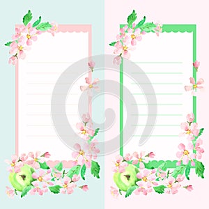 Apple blossom with apple card for congratulations Vector waterc