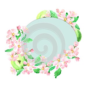 Apple blossom with apple card for congratulations. Vector waterc