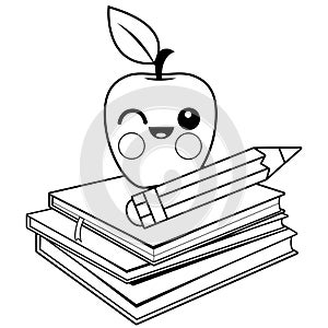 Stack of books, an apple and a pencil. Vector black and white coloring page.