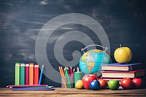 Apple, Books, Pencils, and Globe on Table - Education and Knowledge Concept, School supplies with a chalkboard, back to school