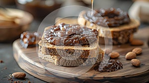 An Apple butter sandwich sits on a cutting board, showcasing a blend of creamy spread and fruity jam