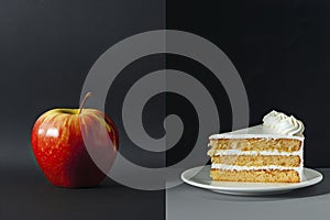 Apple and cake on a black background. Healthy and unhealthy food. Generated AI