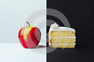 Apple and cake on a black and white background. Healthy and unhealthy food. Generative AI