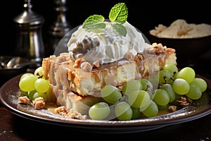 Apple cake with ice cream grapes powder suga photo