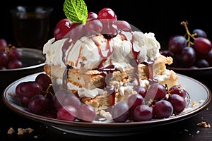 Apple cake with ice cream grapes powder suga photo