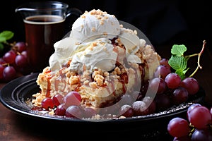 Apple cake with ice cream grapes powder suga photo