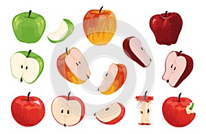 Apple. Cartoon half full and quarter of fruit with worm. Orchard vegetarian food collection. Ripe juicy vitamin plants