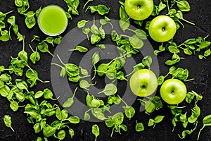 Apple, celeriac. Vegetables for greeny organic smoothy for sport diet on dark background top view mockup