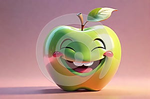 Apple Character Smiling - 3D Render with Exaggerated Cute Features, Radiant Glow, Solid Pastel Background