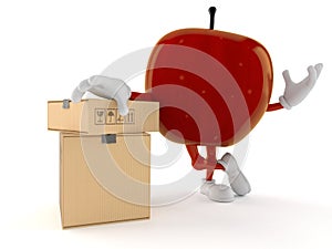 Apple character with stack of boxes