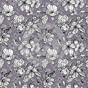 Apple or cherry blossom seamless pattern. Hand painted ink illustration with spring flowers on warm grey background