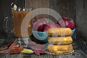 Apple cider and donuts with leaves