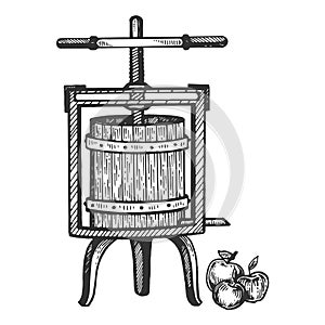 Apple cider juice press engraving vector photo