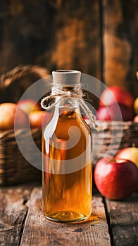 Apple cider vinegar bottle rustic wooden background. AI Generated photo