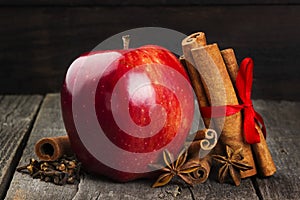 Apple, cinnamon, anisetree on a dark wooden background. Toning