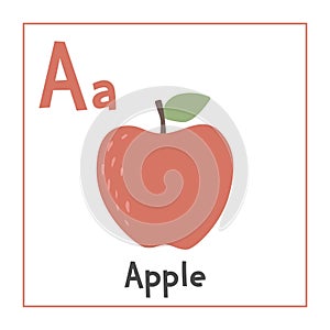 Apple clipart. Apple vector illustration cartoon flat style. Fruits start with letter A. Fruit alphabet card