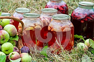 Apple compote in jars preserved for the winter. Fruit on the grass