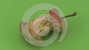 Apple core on a green background.