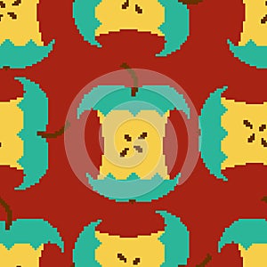 Apple core pixel art seamless pattern. pixelated Fruit background. Retro texture