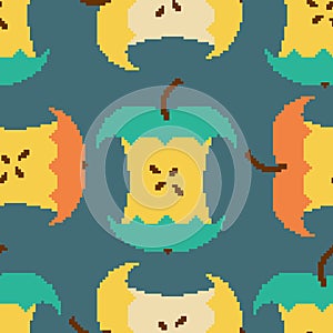 Apple core pixel art seamless pattern. pixelated Fruit background. Retro texture