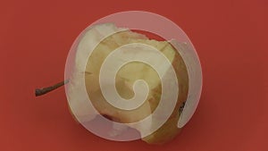 Apple core on a red background.