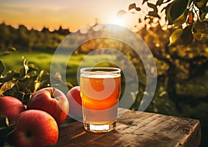 Apple Crate And Glass Of Juice On Wooden Table With Sunny Orchard Background - Autumn Harvest Concept
