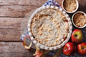 Apple crisp closeup in baking dish, horizontal top view