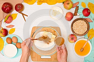 Apple crisp crumble, step-by-step recipe and mixing ingredients for home cooking on a light background top view. traditional