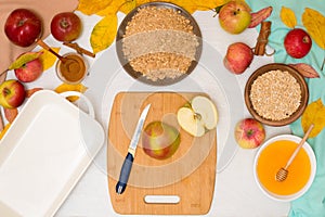 Apple crisp crumble, step-by-step recipe and mixing ingredients for home cooking on a light background top view. traditional