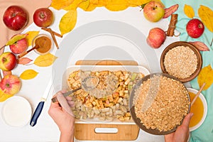 Apple crisp crumble, step-by-step recipe and mixing ingredients for home cooking on a light background top view. traditional