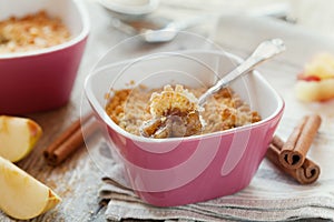 Apple crumble with cinnamon on rustic table