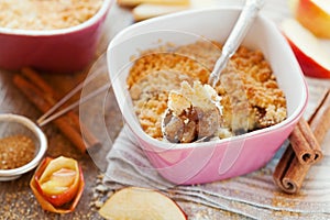 Apple crumble with cinnamon on rustic table