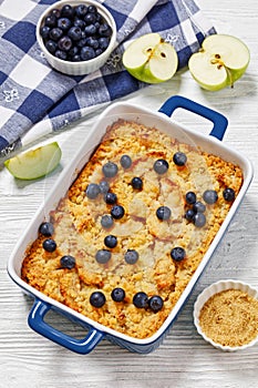 Apple Crumble topped with fresh berries, top view