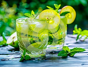 Apple-Cucumber-Mint Cooler Garnished with Apple Slices and Fresh Mint Leaves