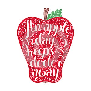 An apple a day keeps the doctor away lettering in apple. Stamp design.