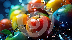 Apple in different color with water drop on the abstract light bokeh blurred background. AI generated 3D image.