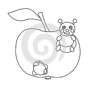 Apple eaten by cute caterpillar, doodle style flat vector outline for coloring book