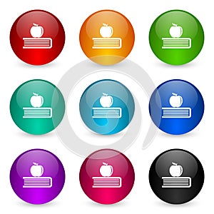 Apple, education, knowledge icon set, colorful glossy 3d rendering ball buttons in 9 color options for webdesign and mobile