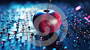 Apple on electronic circuit board with the abstract light bokeh blurred background. AI generated 3D image.