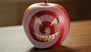 Apple evil smiling - carved evil smile on apple, wooden surface, indoor lighting.